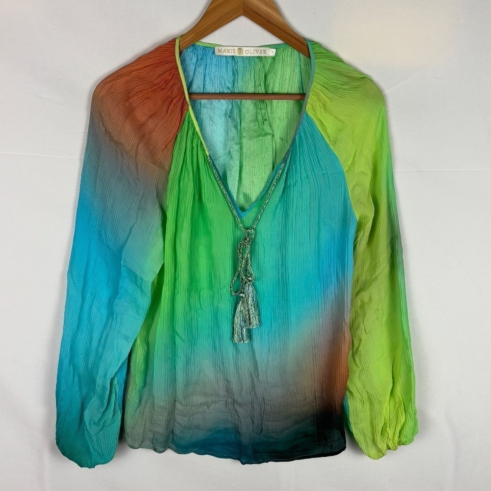 Marie Oliver Women Long Sleeve TieNeck Blouse Top Sz M Boho Peasant Festival 70s